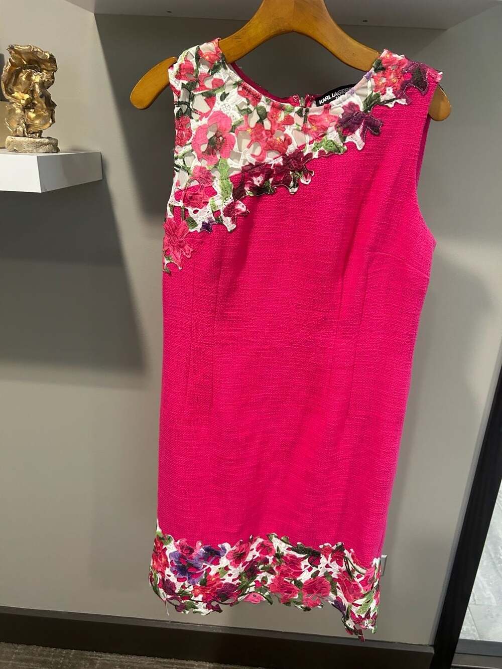 Karl Lagerfeld Pink Tweed Floral Appliqué Sleeveless Shift Dress